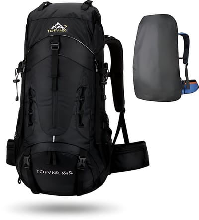 CarryQuest® 70L Hiking Rugzak - Waterdichte Backpack met Regenhoes, Rugventilatie, Front-/Toploader & Ademend Draagcomfort - Zwart