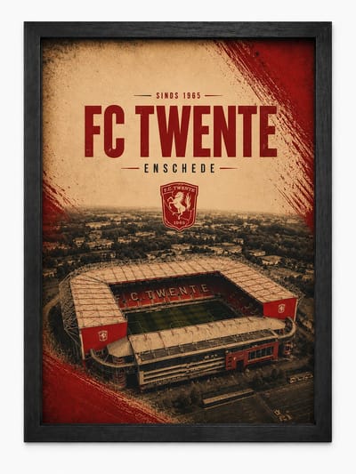 FC Twente Poster | De Grolsch Veste Vintage Art Print | Retro Voetbal Poster | Inclusief Zwarte A4 Lijst