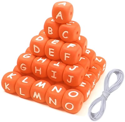 Letterkralen van siliconen voor armbanden, 12 mm, oranje en wit, grote kubus, alfabet, kralen en 2 m draad voor halskettingen, sieraden, doe-het-zelf, telefoon, kettingen