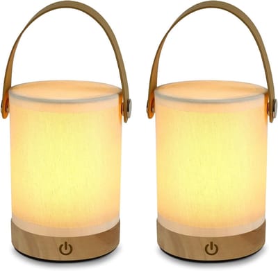 Glitzerlife - Tafellamp Draadloos Oplaadbaar 2 Stuks LED Tafellamp - Touch Dimbaar Bedlampje Hout Stof - Draagbare Bureaulamp met Handlus - 3W Nachtlampje - Ø10 cm - Beige