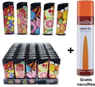 Klik Aanstekers - Steden print - Hervulbare aansteker - Unilite - 50 STUKS + 1 Gasfles