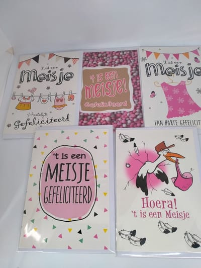 5 Luxe wenskaarten - Geboorte Dochter  - 12x 17 cm - Geboorte meisje - Gevouwen kaart met envelop