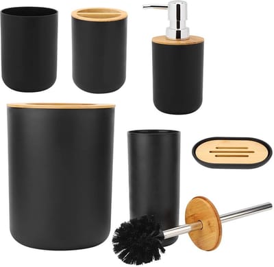 Dailygoods- Badkameraccessoire Set 6-delig - Zeepbakje - Tandenborstelhouder - Spoelbeker - Lotionfles - Vuilnisemmer - Duurzaam en Slijtvast - Badkamer Set