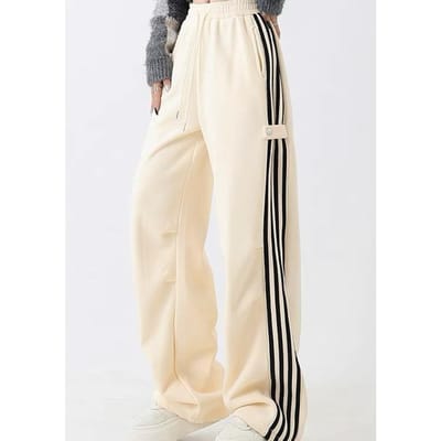 American Vintage High Waist Sport Casual Broek Veelzijdig High Street Joggingbroek Losse Gestreept Wijde Pijpen Broek 3XL beige