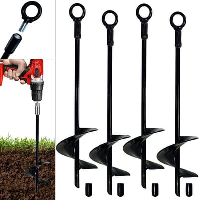 Set van 4 Grondankers - 46cm Zware Uitvoering - Grondpen met 7cm Spiraalblad - Stormbeveiliging voor Trampoline, Speeltoestel, Carport & Partytent - Massief Staal - Inclusief Afneembare Oogringen - Zwart
