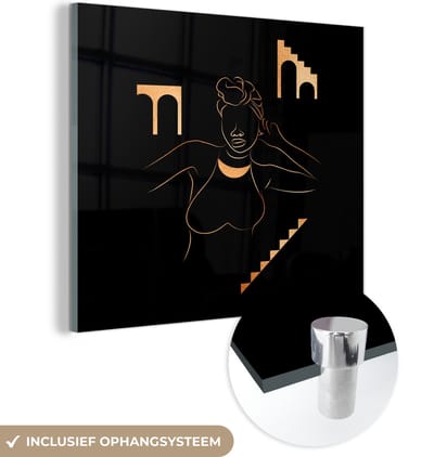 MuchoWow® Glasschilderij 50x50 cm - Schilderij acrylglas - Vrouw - Goud - Zwart - Line art - Foto op glas - Schilderijen