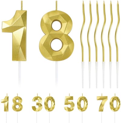 verjaardagstaart decoratieset, gouden verjaardagskaars set, gouden nummer kaarsen set voor taart decoraties kit (nummer 18 + 6* lange rimpel)