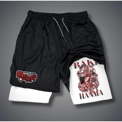 Anime Bedrukte Herenshorts Volwassen Dubbele Fitness Sport en Casual Medium Broek 3XL black
