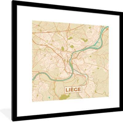 Fotolijst incl. Poster - Kaart - België - Stadskaart - Plattegrond - Liège - 40x40 cm - Posterlijst