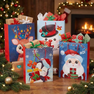 Dailygoods- Cadeauzakjes set van 4 stuks - Papieren zakjes - Kerstmotieven - Feestelijke geschenkverpakking - Robuust materiaal - Maten 32 x 26 x 10 cm - Cadeautassen