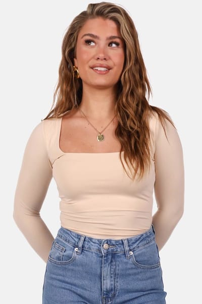 Getdrezzed Top - Maat: M - Longsleeve body vierkante hals beige