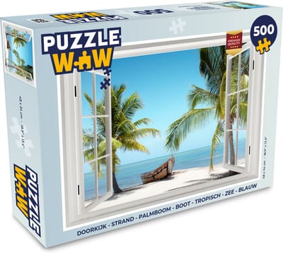 Puzzel Doorkijk - Strand - Palmboom - Boot - Tropisch - Zee - Blauw - Legpuzzel - Puzzel 500 stukjes