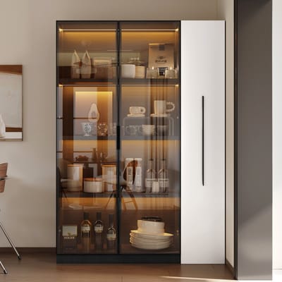 MODFU Opbergkast – 2-in-1 boekenkast & vitrinekast – Met ledverlichting en uittrekbaar zijrek – Modern – MDF en glas – Zwart/Wit – 110,5x35x160 cm
