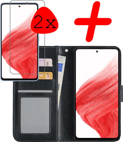 Hoesje Met 2x Screenprotector - Geschikt voor Samsung Galaxy A53 - Luxe Pasjeshouder - Bookcase Portemonee - Flip Case - Kunstleer Book Case - Flipcase Hoes - Book Cover - Walletcase - Portemonneehoes - Zwart