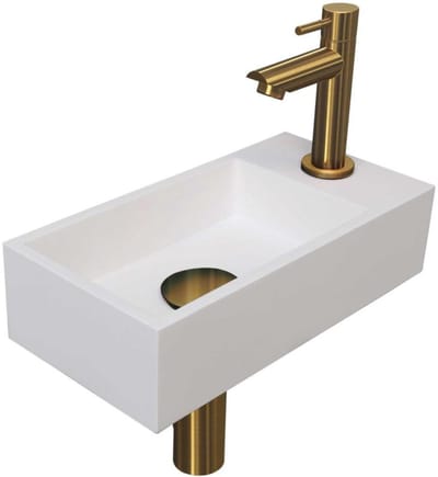 INK - Fonteinpack Polystone Rechts incl. Fonteinkraan - Design Sifon - Design Plug en Montageset - 360x180x90 Mm - Mat Wit/mat Goud