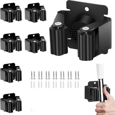 Famanu – Bezemhouder set van 6 – Complete set met schroeven én stickers, keuzevrij in montage (vast of wandvriendelijk) – Voor dweil, bezem, schep en gereedschap