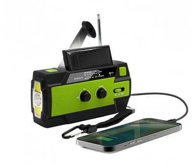 Noodradio Solar Opwindbaar en Batterij - 4000 mAh - Noodpakket - Draagbare weerradio met handslinger - Met AM/FM-radio - LED-zaklamp, sensorleeslampje, SOS-alarm - Noodkit - USB-interface - Groen