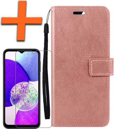 Hoes - Met Screenprotector - Geschikt voor Samsung Galaxy A14 - Luxe Pasjeshouder - Bookcase Portemonee - Flip Case - Kunstleer Book Case - Flipcase - Book Cover - Walletcase - PortemonneeHoes - Rosé goud