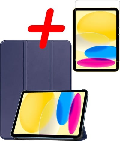 Hoesje Geschikt voor Apple iPad 10 (2022) - 10.9 inch - 10e Generatie - Met Screenprotector - Trifold Bookcase - Hard Cover - Hardcover Book Case - Tablet Hoes - Donkerblauw