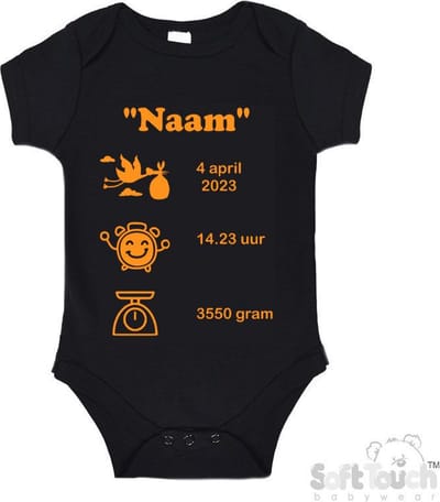 100% katoenen Romper met naam & geboortegegevens Unisex/Meisje/Jongen Katoen Zwart/mosterd Maat 62/68