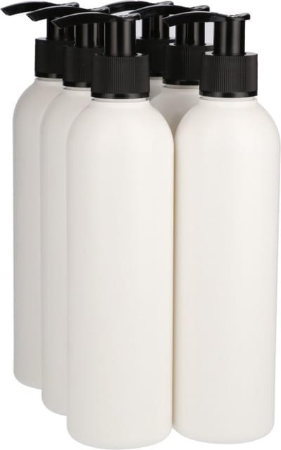 6 x Gerecyclede Plastic Fles 250 ml Dispenserpomp Zwart - Rond- Gerecycled HDPE Kunststof - Onbreekbaar - ca. 70% minder Co2 uitstoot door gerecycled materiaal - 6 stuks