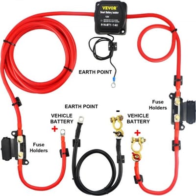 VEVOR Dubbele Accu-isolatierelais 12V Split Charge Kit, Spanningsgevoelige Relaisset -30-105℃, Automatische Lader & 4m Kabelset voor Vrachtwagens, Campers, Werkplaatsen, Auto's & Boten