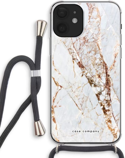 Case Company® - Hoesje met koord geschikt voor iPhone 12 mini hoesje met Koord - Goud marmer - Telefoonhoesje met Zwart Koord - Bescherming aan alle Kanten en Over de Schermrand