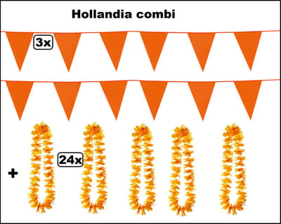 Hollandia Combi set Oranje - 3x vlaggenlijn oranje 20cm x 30cm 10 meter + 24x Hawaislinger oranje - Koningsdag /WK 2026