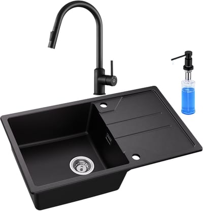 DERW MAX Granieten Spoelbak voor keuken 78x45cm - Enkele Spoelbakken Met Keukenkraan en zeepdispenser - Onderbouw Spoelbak Antraciet - Met Planchet en Waterafvoersysteem - Voor 60 cm Kast