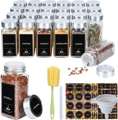 24-delige vierkante kruidenpotjesset, glazen kruidenpotjes, 120 ml, met etiketten, stiftborstel, opvouwbare trechters voor het bewaren van kruiden in de keuken - met roestvrijstalen deksels
