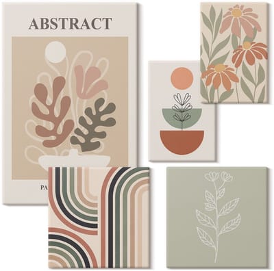 Wallfluent Set van canvas schilderijen - Stijlvolle abstracte planten- en geometrische patronen Canvas Schilderijen Set - Set van 5 Canvas Schilderijen - Beige Set van Canvas Prints - Abstractie Canvas Kunst Set - Boheemse Canvas Kunst Set