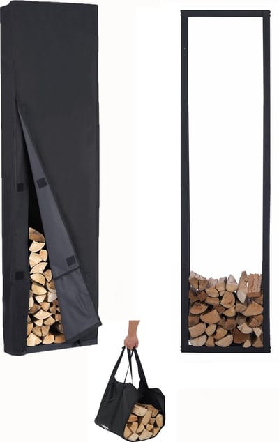 Lendo Online brandhoutrek 50x25x196cm haardhoutrek houtopslag met waterdichte beschermhoes zwart staal oxford