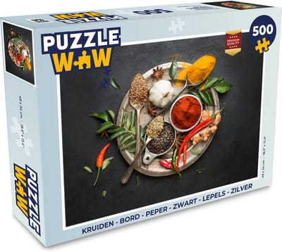 Puzzel Kruiden - Bord - Peper - Zwart - Lepels - Zilver - Legpuzzel - Puzzel 500 stukjes