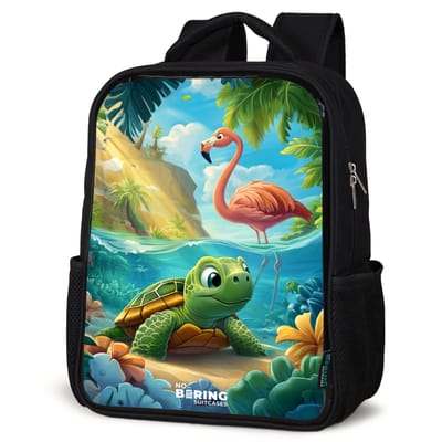 NoBoringSuitcases.com® - Rugzak zwart - Schooltas jongen & meisje - Schildpad in tropisch water met flamingo - Rugtas voor school - Boekentas kind - Schoolrugzak - Kinderrugzak