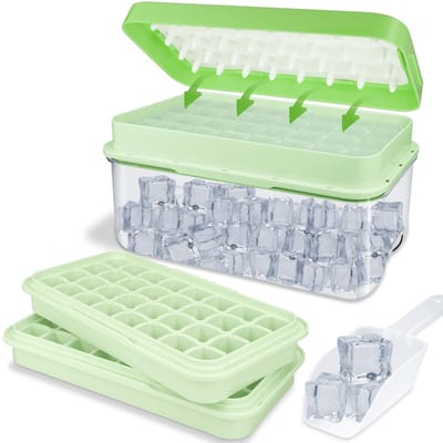 Ijsblokjeshouder met Ijsblokjesbox en Schep, Bpa-Vrij Ijsblokjeshouder van Siliconen met deksel voor Het Maken van Ijsblokjes, Uitnemen en Stapelbaar Keukenaccessoires voor Koude Dranken (Groen)