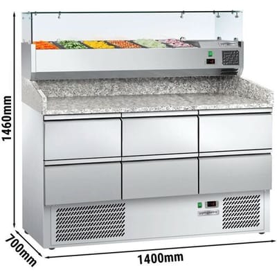 GGM Gastro Pizzakühltisch ECO - 1400x700mm - mit 6 Schubladen 1/2 - inkl. Kühl-Aufsatzvitrine 6x GN 1/4
