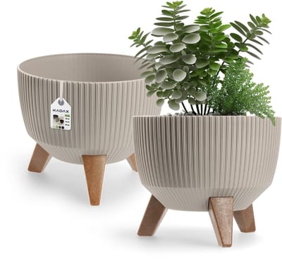 Kadax Bloempot, van kunststof, met drie insteeksteunen, rond, bloemenschaal, plantenbak, bloembak, voor balkon, woonkamer, 24 cm diameter, taupe