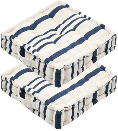 Stof Textile Vloerkussen Beach - 2x - creme wit/blauw - katoen - 45 x 45 x 10 cm - Extra dik - extra zitplaatsen - spelen - gamen - relaxen