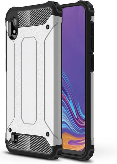 Schokbestendig Heavy Duty Hoesje Geschikt voor: Samsung Galaxy A01 Shock Proof Hybride - Back Cover - Dual Layer Armor Case - Extra Stevig - Zilver