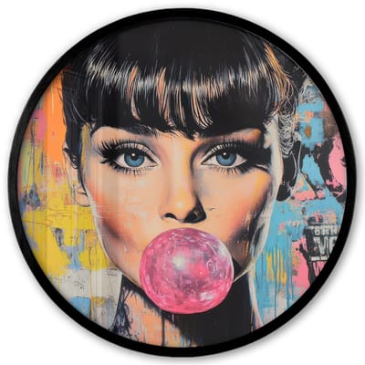 Poster in lijst Rond - Fotolijst 40x40 cm - Posters - Kauwgom - Vrouw - Penseelstreken - Modern - Ronde posterlijst zwart - Decoratie - Wanddecoratie woonkamer - Muurdecoratie slaapkamer