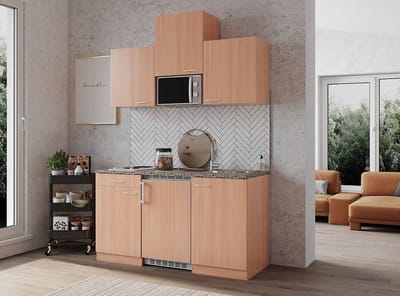 Goedkope keuken 150 cm - complete kleine keuken met apparatuur Gerda - Beuken/Beuken - elektrische kookplaat - koelkast - magnetron - mini keuken - compacte keuken - keukenblok met apparatuur