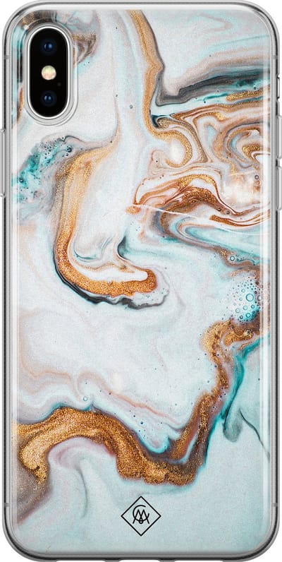 Casimoda® hoesje - Geschikt voor iPhone Xs - Marmer Blauw Goud - Siliconen/TPU telefoonhoesje - Backcover - Marmer - Mint