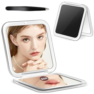 QTTVBTNA - Draagbare Opvouwbare Make-up Spiegel - Tweezijdige spiegel - 30x vergroting - Mini Zakformaat - Met pincet - Zwart - 1 stuk