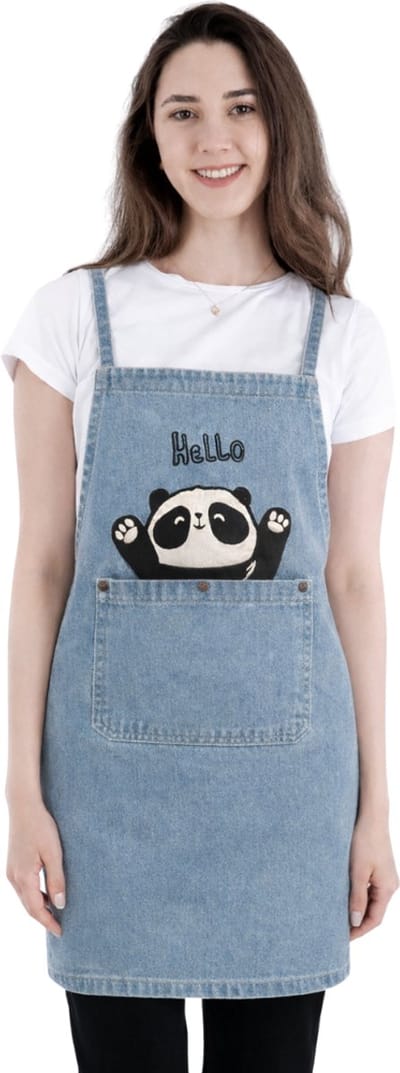 Sevilya Denim Keukenschort – Blauw - Hello Panda - 65 x 70 cm - Gewassen Spijkerstof – Hoge Kwaliteit - Keukenschort voor Dames en Heren