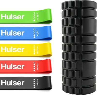 Hulser Sportieve bundel - Foam roller en Mini weerstandsbanden set - Zwart - Met digitale startgidsen - Weerstandsband en Massage roller – Herstel - Fitness booty band en Yoga foamroller - Voor triggerpoint massage en stretch - Grid Trigger