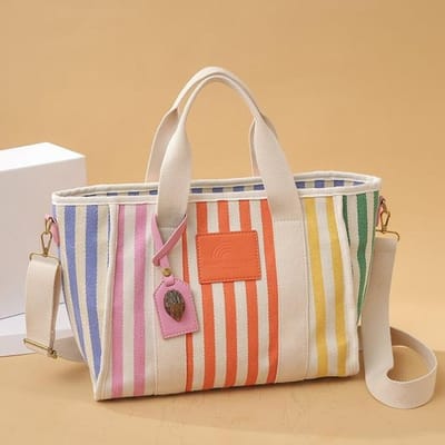Sac à Bandoulière Rayé Mode Style Coréen pour Femmes Grande Capacité Sac Bandoulière Loisirs Extérieur Voyage Style Ins Sac à Main Couleur Contrastée one size fits all beige