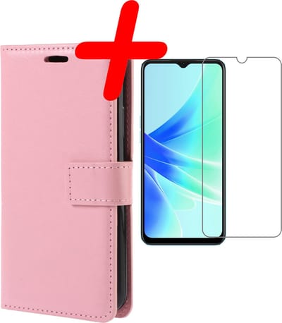 Hoesje Met Screenprotector - Geschikt voor OPPO A17 - Luxe Pasjeshouder - Bookcase Portemonee - Flip Case - Kunstleer Book Case - Flipcase - Book Cover - Walletcase - Portemonneehoes - Lichtroze