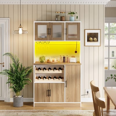 REDOM - Keukenkast - RGB-ledverlichting - Stekkerdoos met 2 stopcontacten en 1 USB-aansluiting - Wijnrek en wijnglashouder - Moderne stijl - Keuken - MDF - 100 x 40 x 180 cm