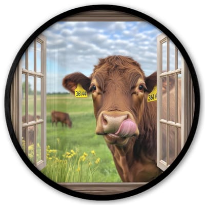 Poster in lijst Rond - Fotolijst 40x40 cm - Posters - Doorkijk - Koe - Weiland - Landschap - Dieren - Ronde posterlijst zwart - Decoratie - Wanddecoratie woonkamer - Muurdecoratie slaapkamer