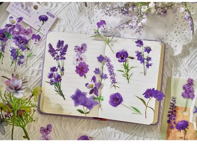 40x Paarse Bloemen Stickers – Vintage Bloemen & Planten – PET Transparant – Bullet Journal, Scrapbooking, Planner & Laptop Decoratie